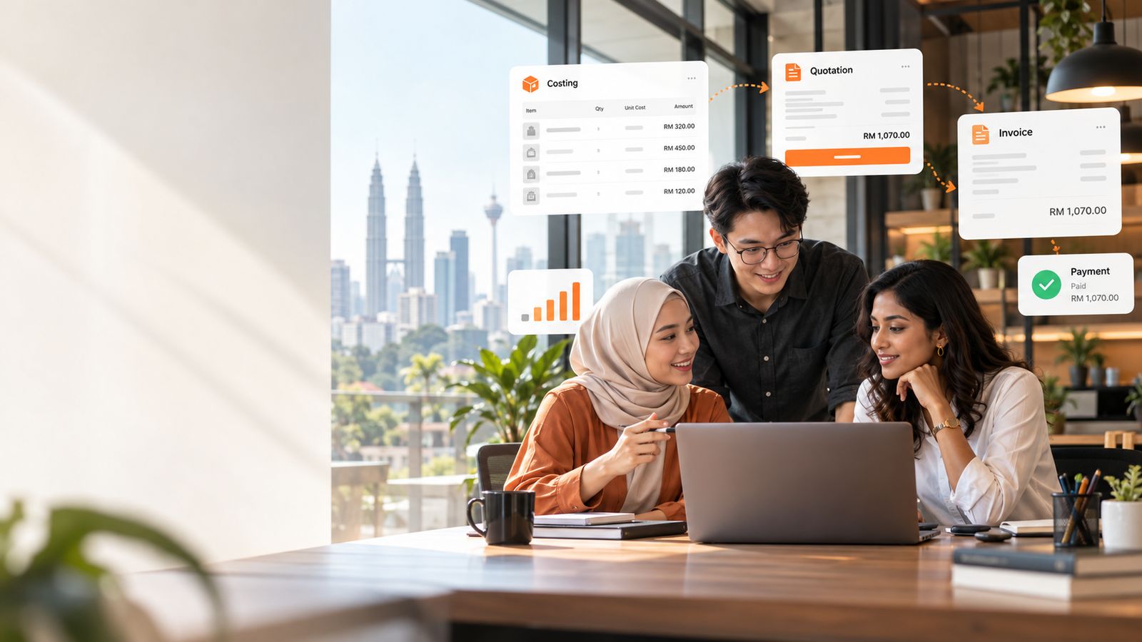 Three colleagues in a Kuala Lumpur office reviewing a project, with PIXELCOST costing, quotation, invoice and payment cards.